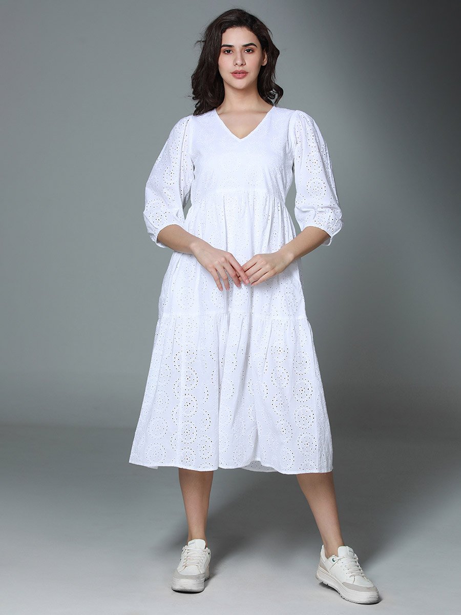 Schiffli V Neck Tiered Midi Dress