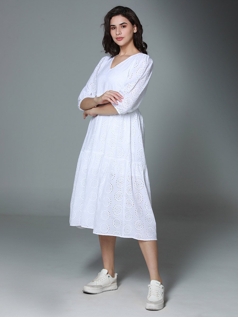 Schiffli V Neck Tiered Midi Dress