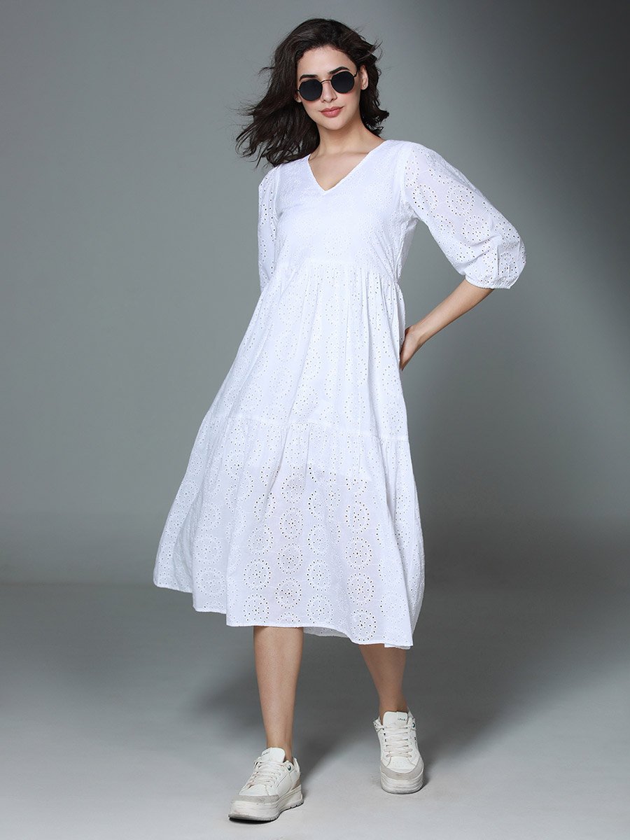 Schiffli V Neck Tiered Midi Dress