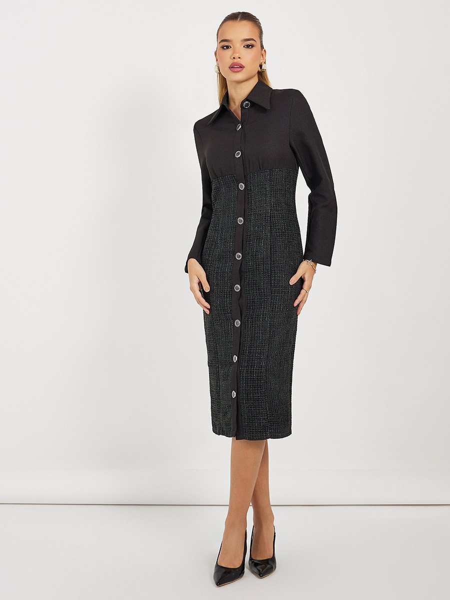 Tweed Sheath Midi Dress with Buttons