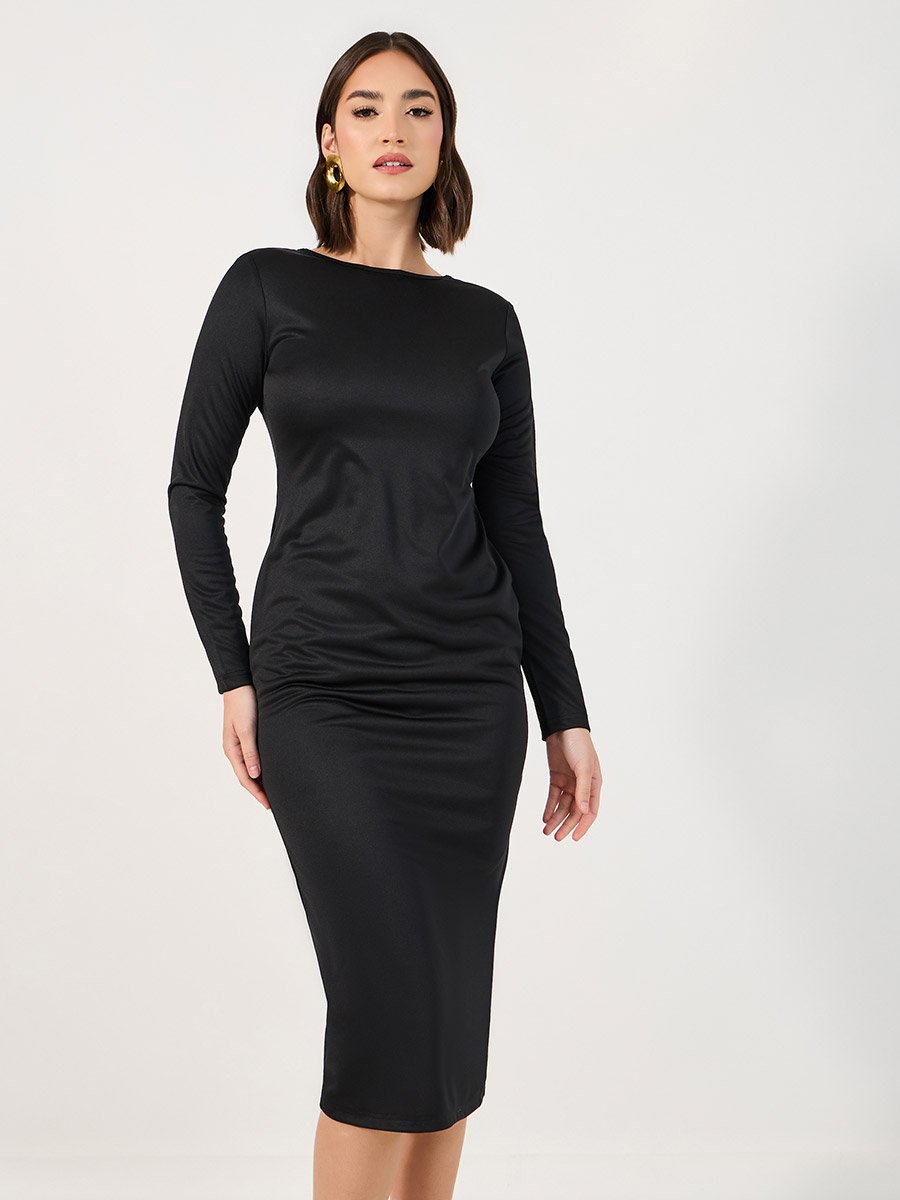 Exposed Back Zipper Detail Bodycon Midi Dress For Women at Saudi | Styli