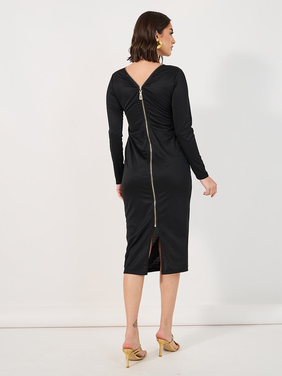 Exposed Back Zipper Detail Bodycon Midi Dress For Women at UAE | Styli
