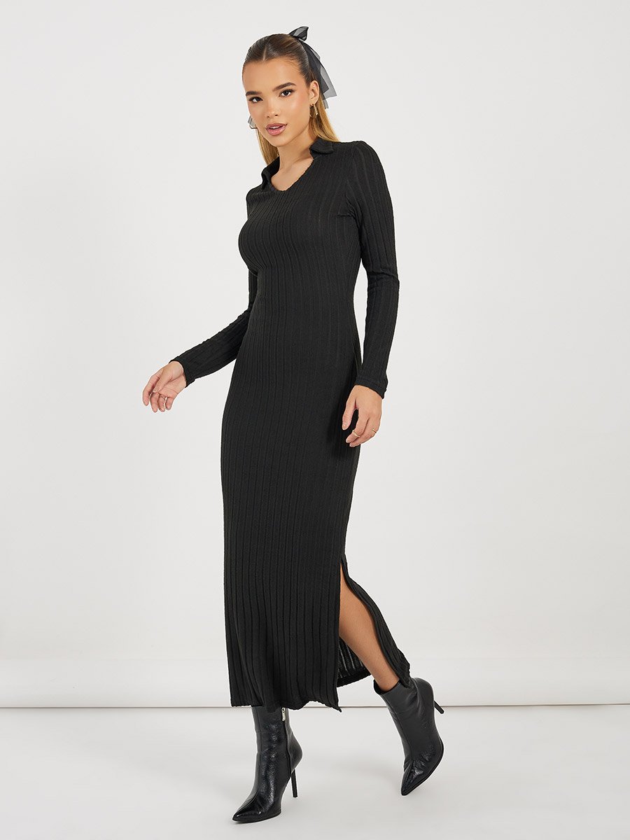 Collared Knit Bodycon Maxi Dress with Side Slit For Women at UAE | Styli