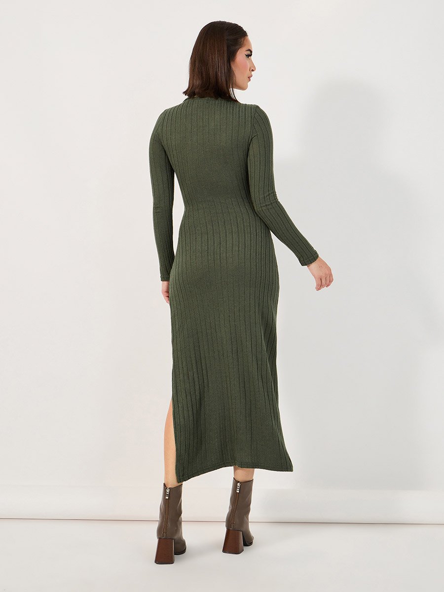 Collared Knit Bodycon Maxi Dress with Side Slit