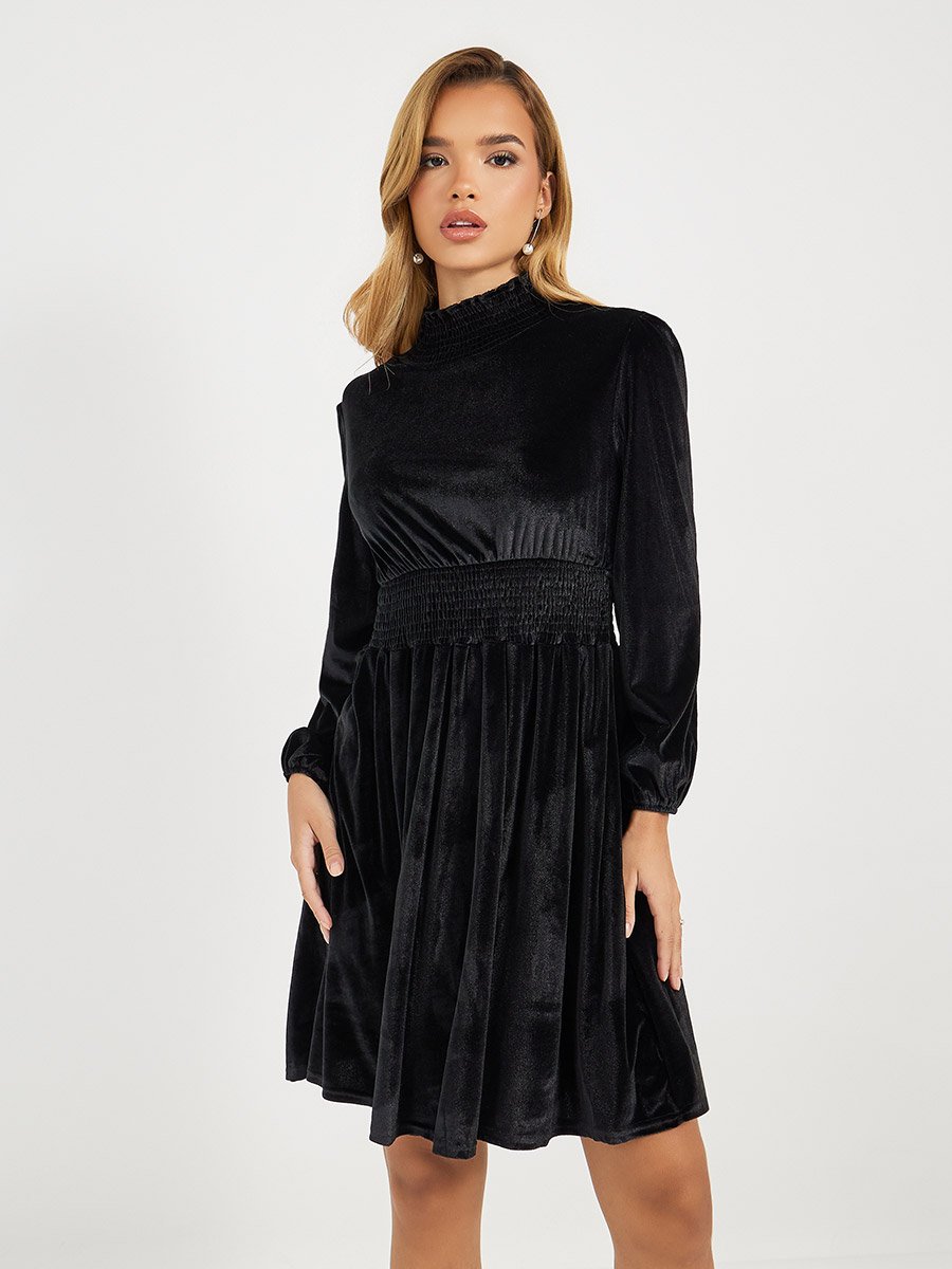 Velvet Look High Neck A-Line Mini Dress For Women at Saudi | Styli