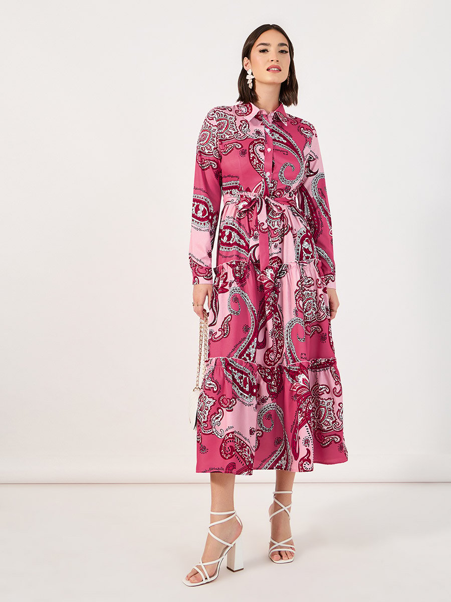 Paisley Print Collared Tiered Midi Dress