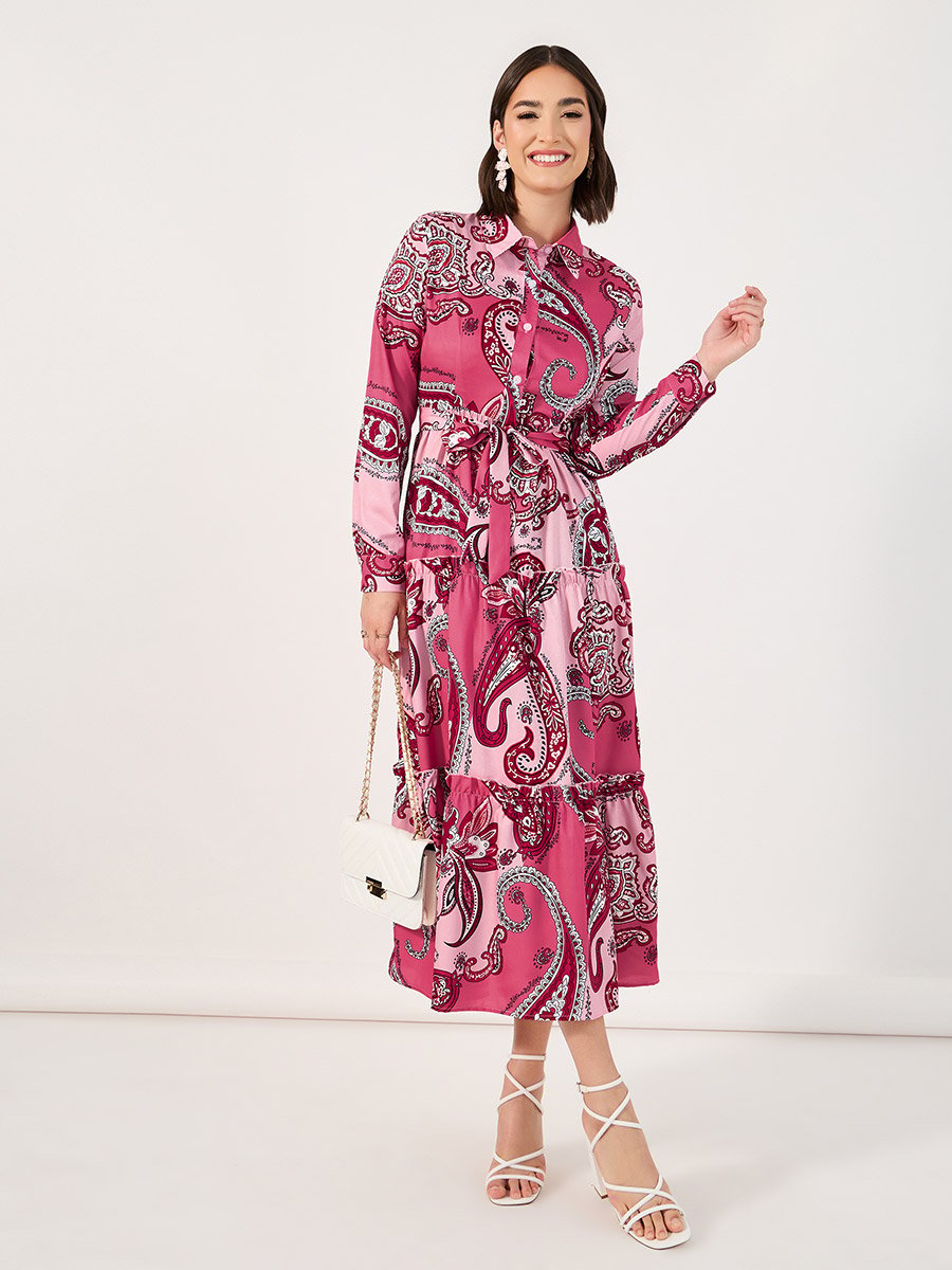 Paisley Print Collared Tiered Midi Dress