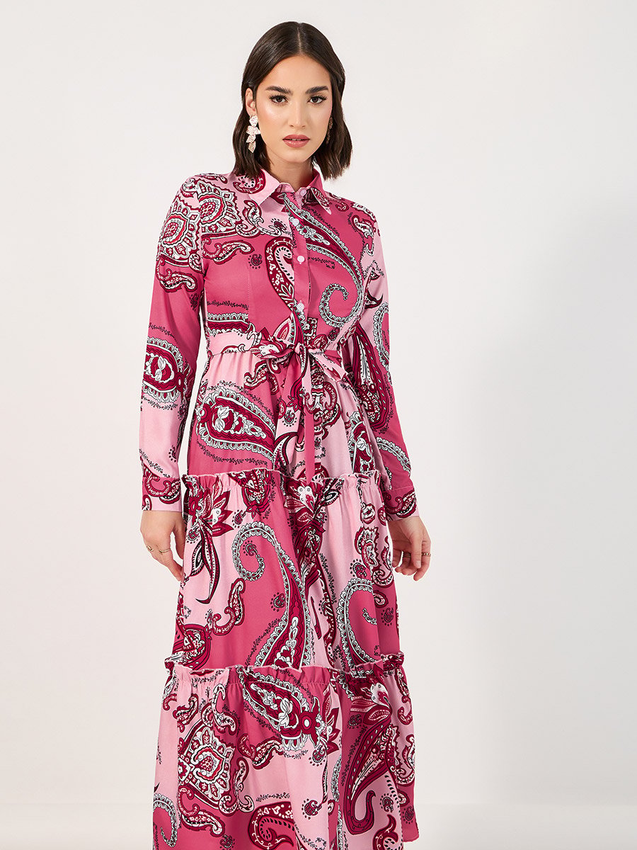 Paisley Print Collared Tiered Midi Dress