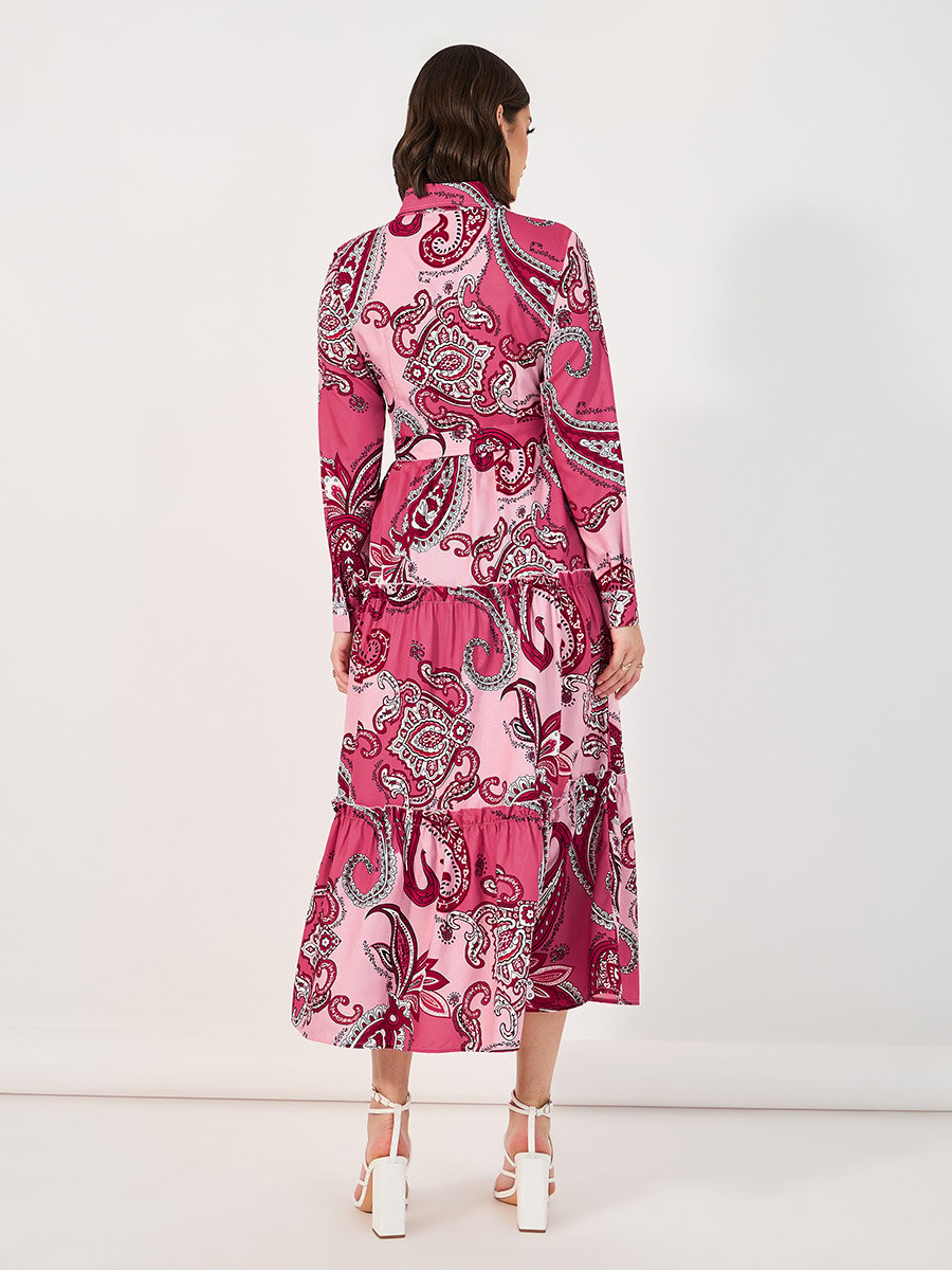 Paisley Print Collared Tiered Midi Dress