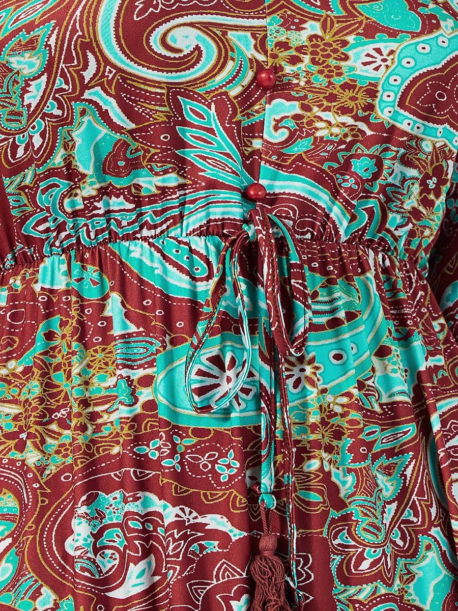 Paisley Print Bell Sleeves A-Line Maxi Dress