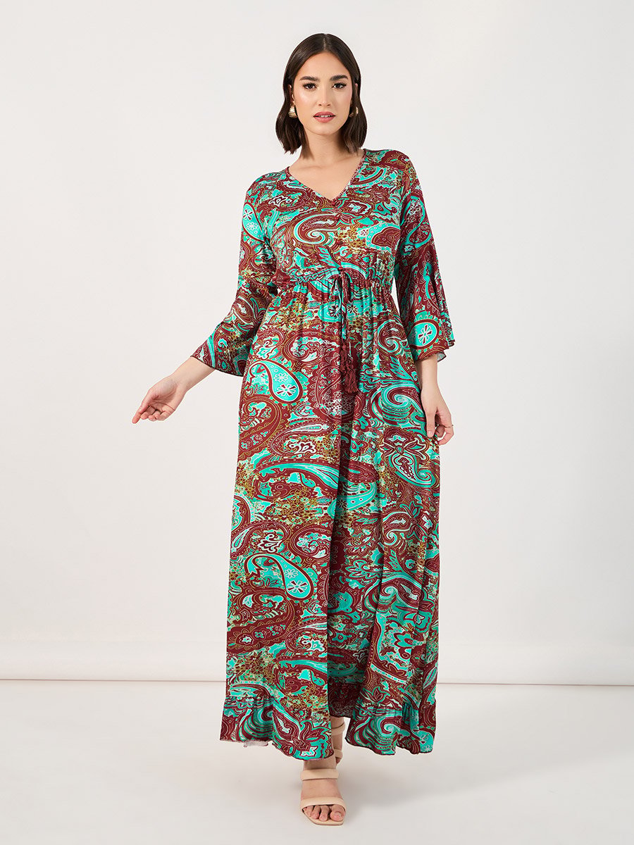 Paisley Print Bell Sleeves A-Line Maxi Dress