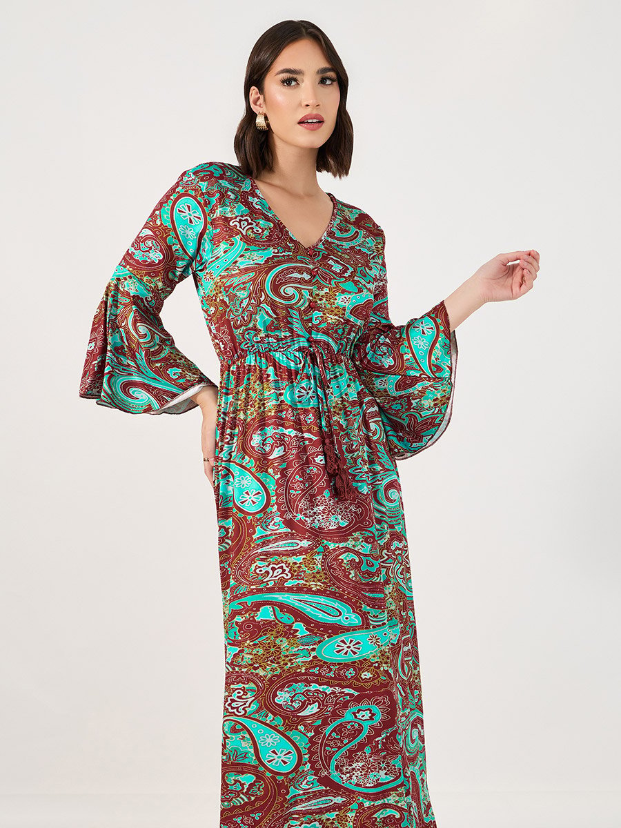 Paisley Print Bell Sleeves A-Line Maxi Dress