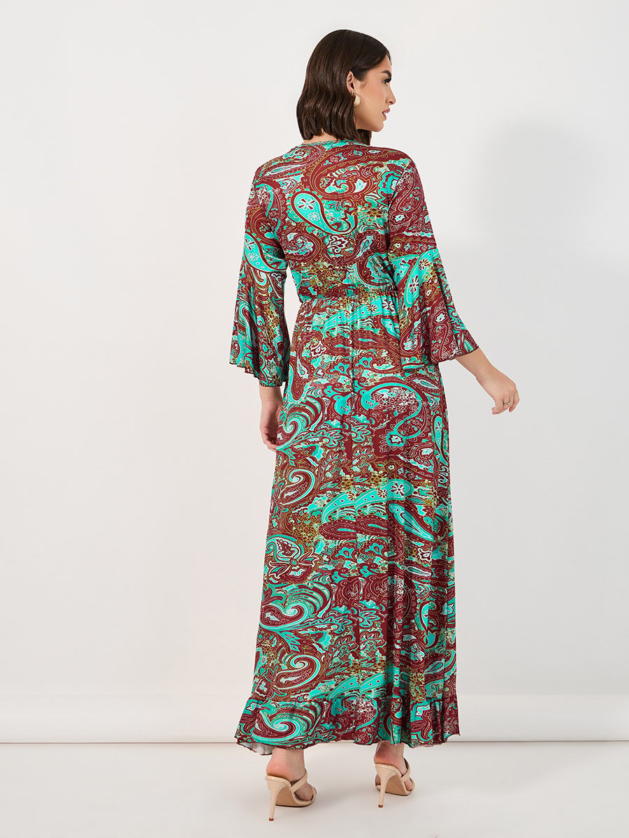 Paisley Print Bell Sleeves A-Line Maxi Dress