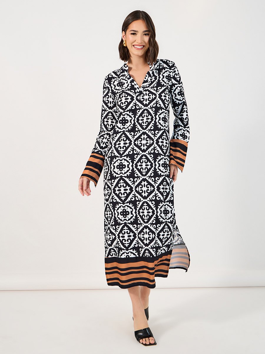 All Over Print Notch Neck Shift Midi Dress