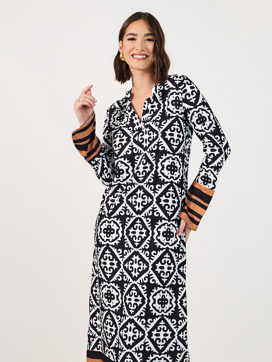 All Over Print Notch Neck Shift Midi Dress
