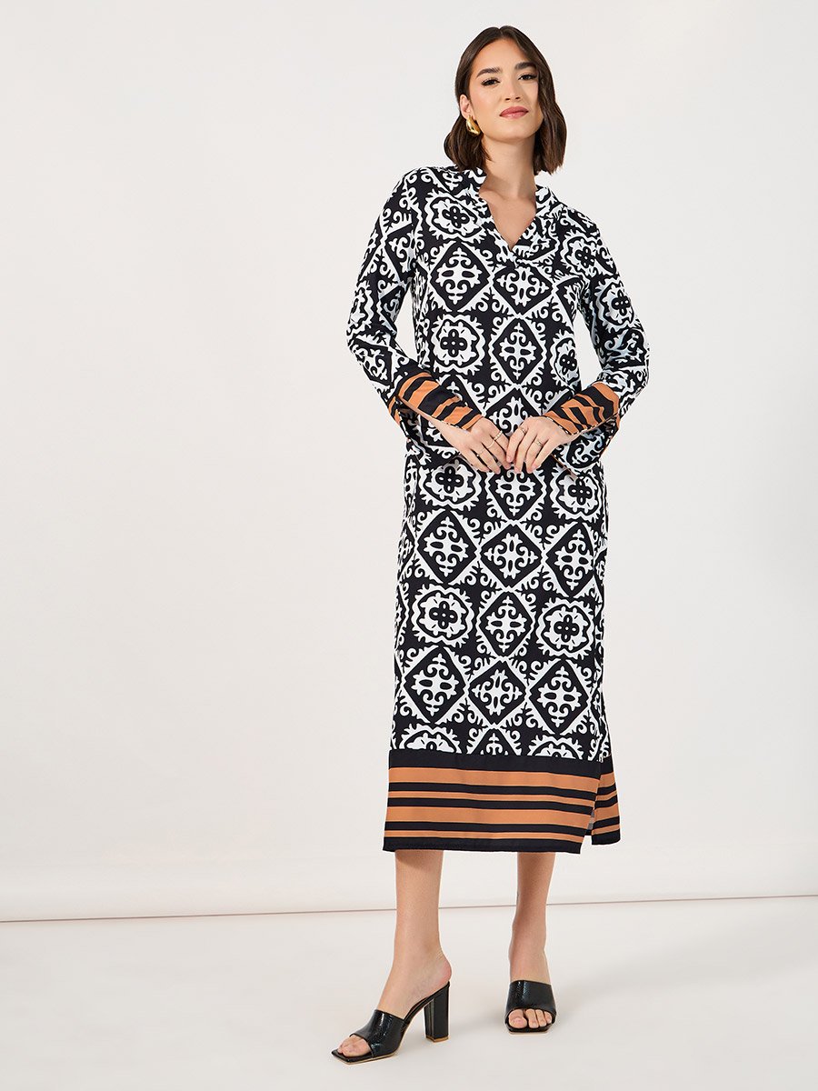 All Over Print Notch Neck Shift Midi Dress