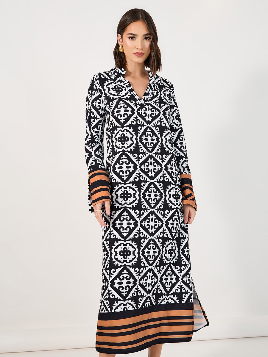All Over Print Notch Neck Shift Midi Dress