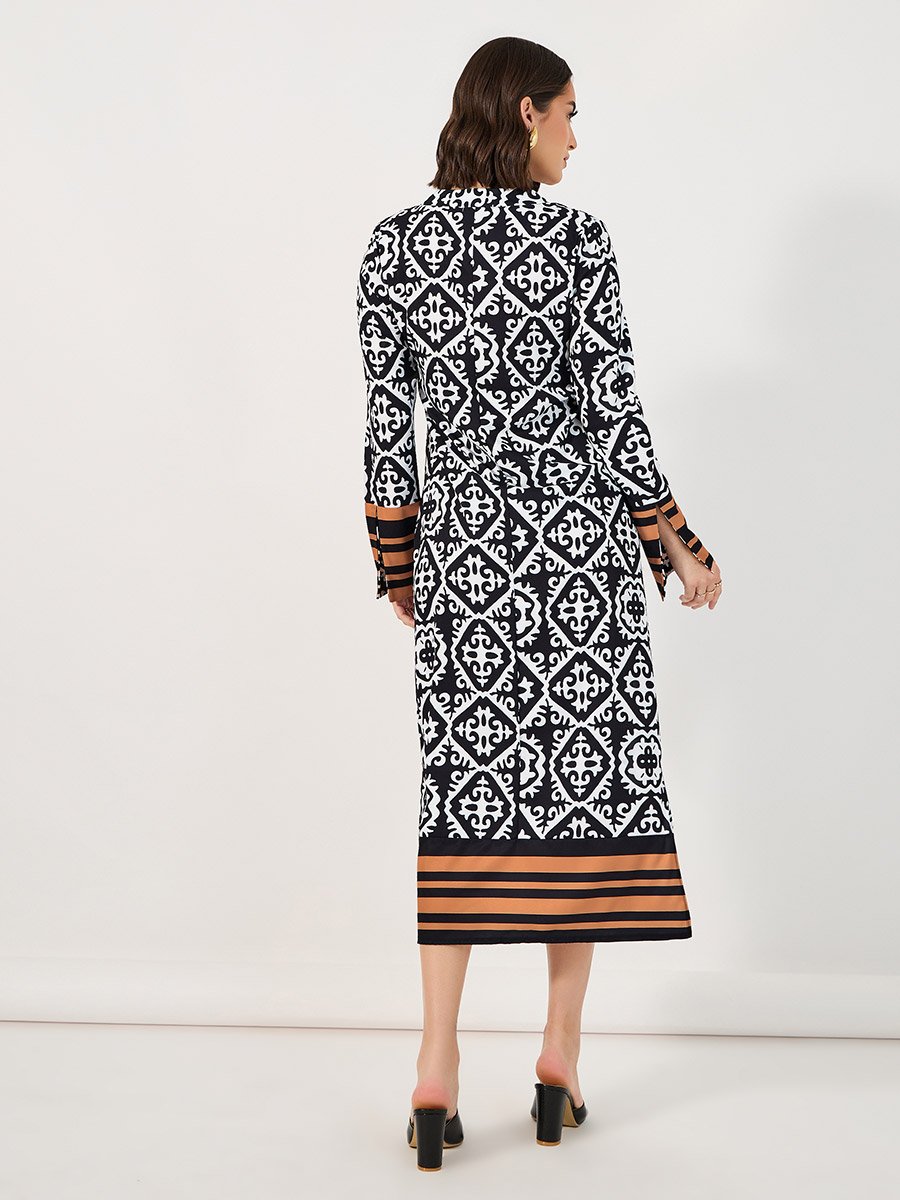 All Over Print Notch Neck Shift Midi Dress