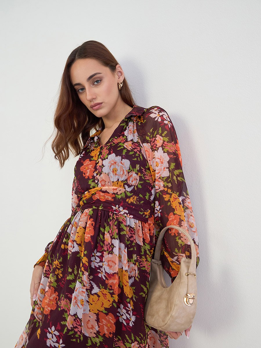 Floral Print Balloon Sleeve A-Line Maxi Dress