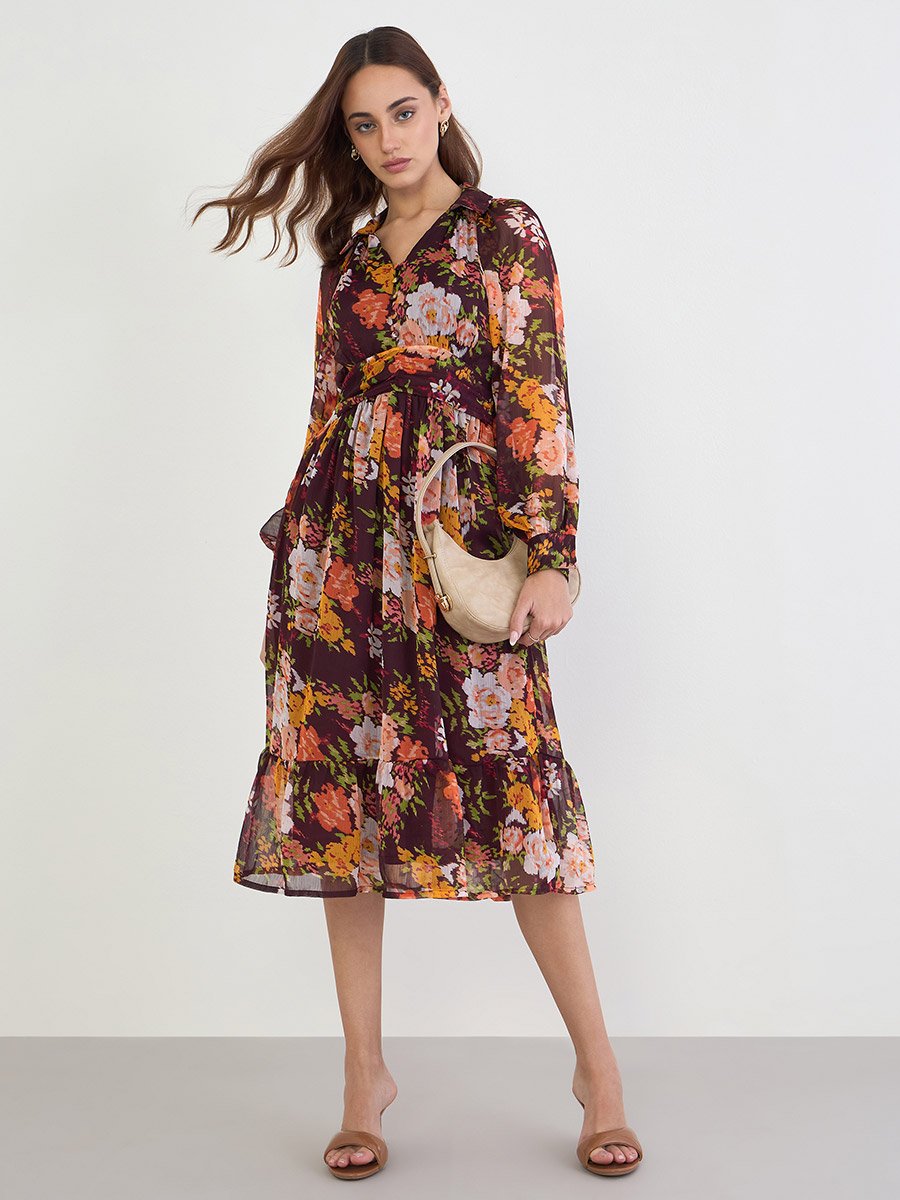 Floral Print Balloon Sleeve A-Line Maxi Dress