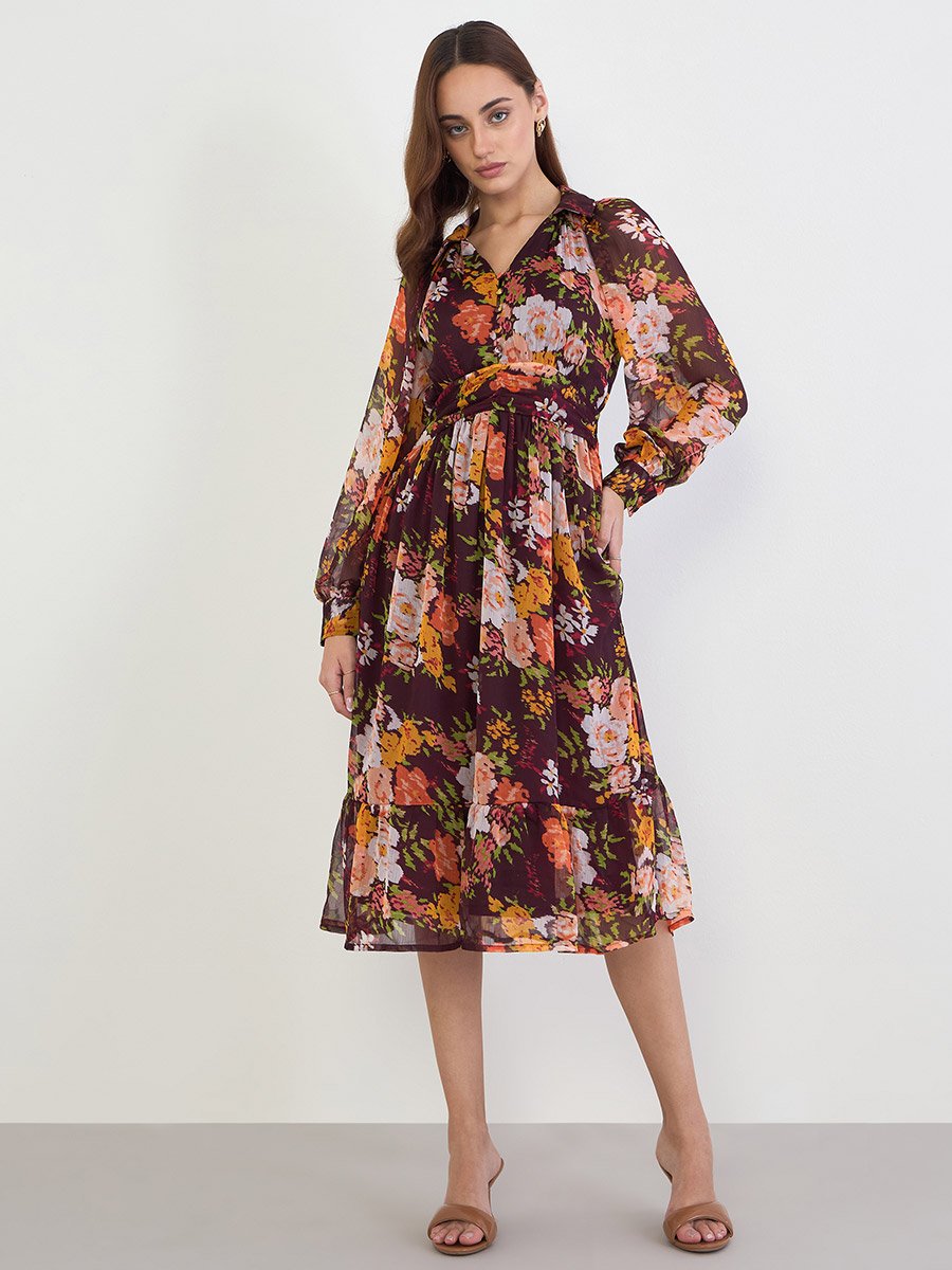 Floral Print Balloon Sleeve A-Line Maxi Dress