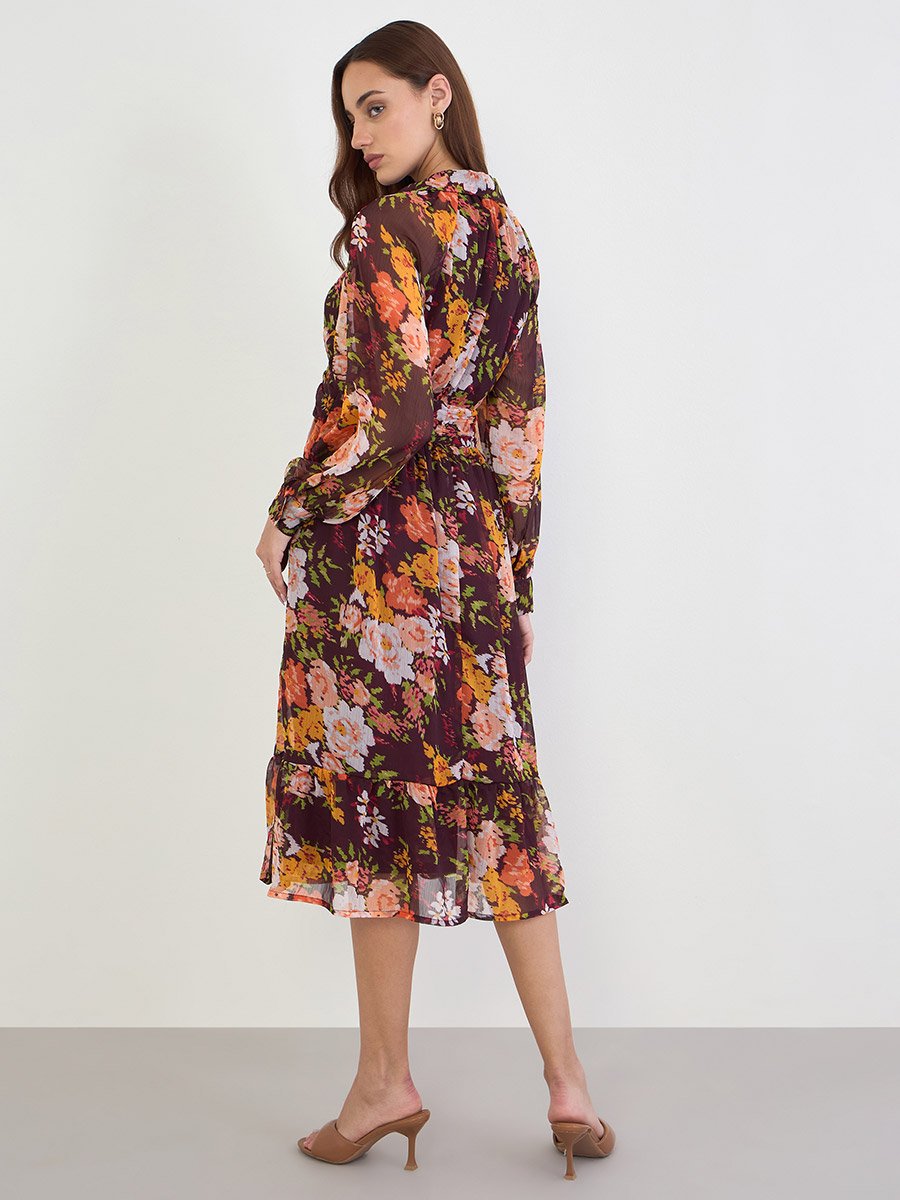 Floral Print Balloon Sleeve A-Line Maxi Dress