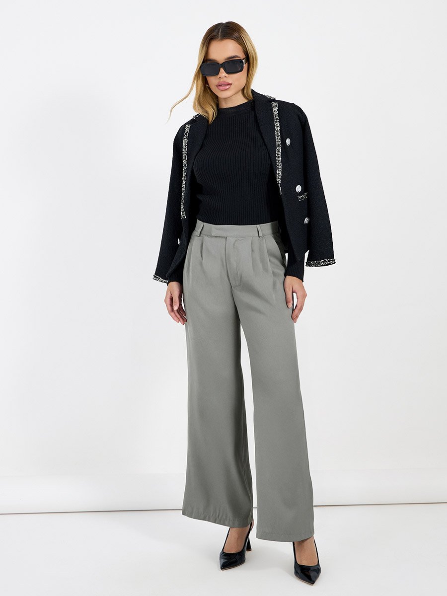High Rise Pleat Front Detail Wide Leg Pants