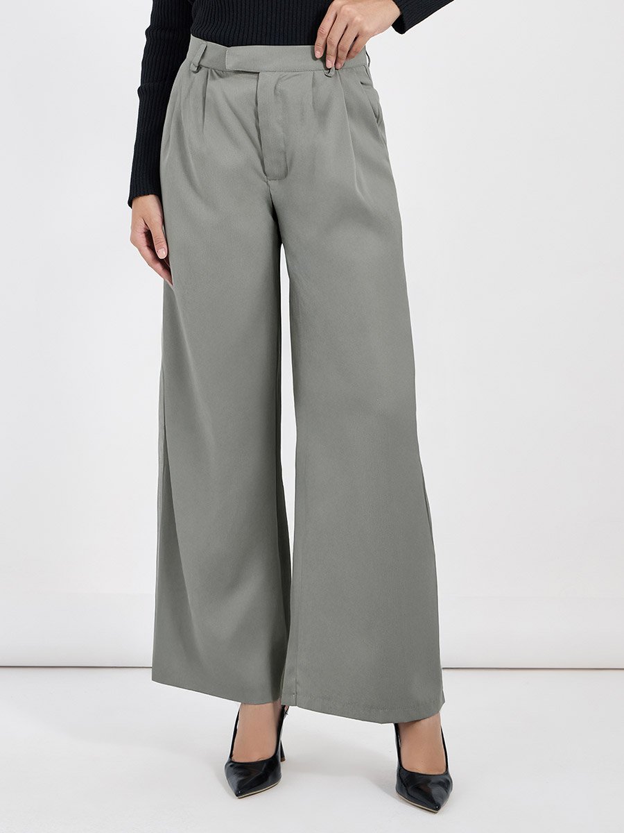 High Rise Pleat Front Detail Wide Leg Pants