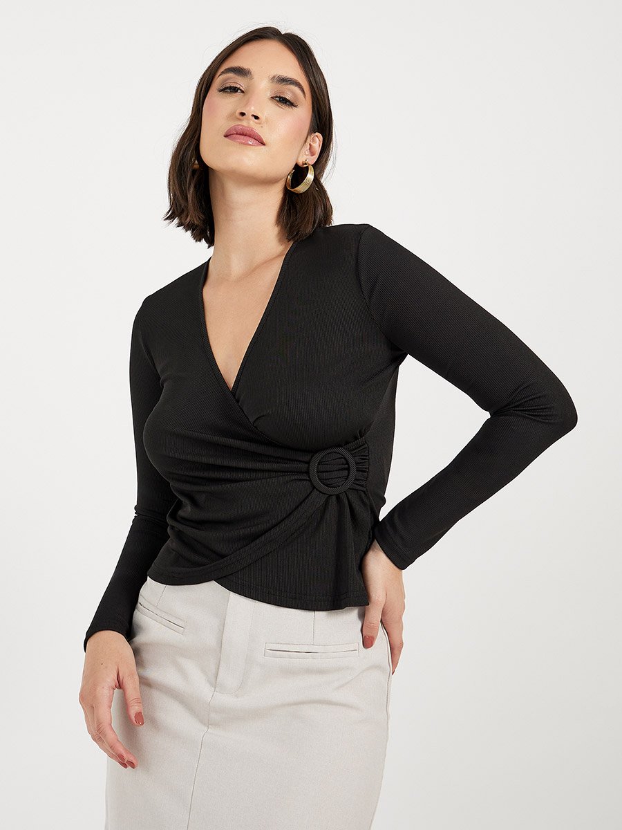 Knit Wrap Top with Buckle Detail on The Side