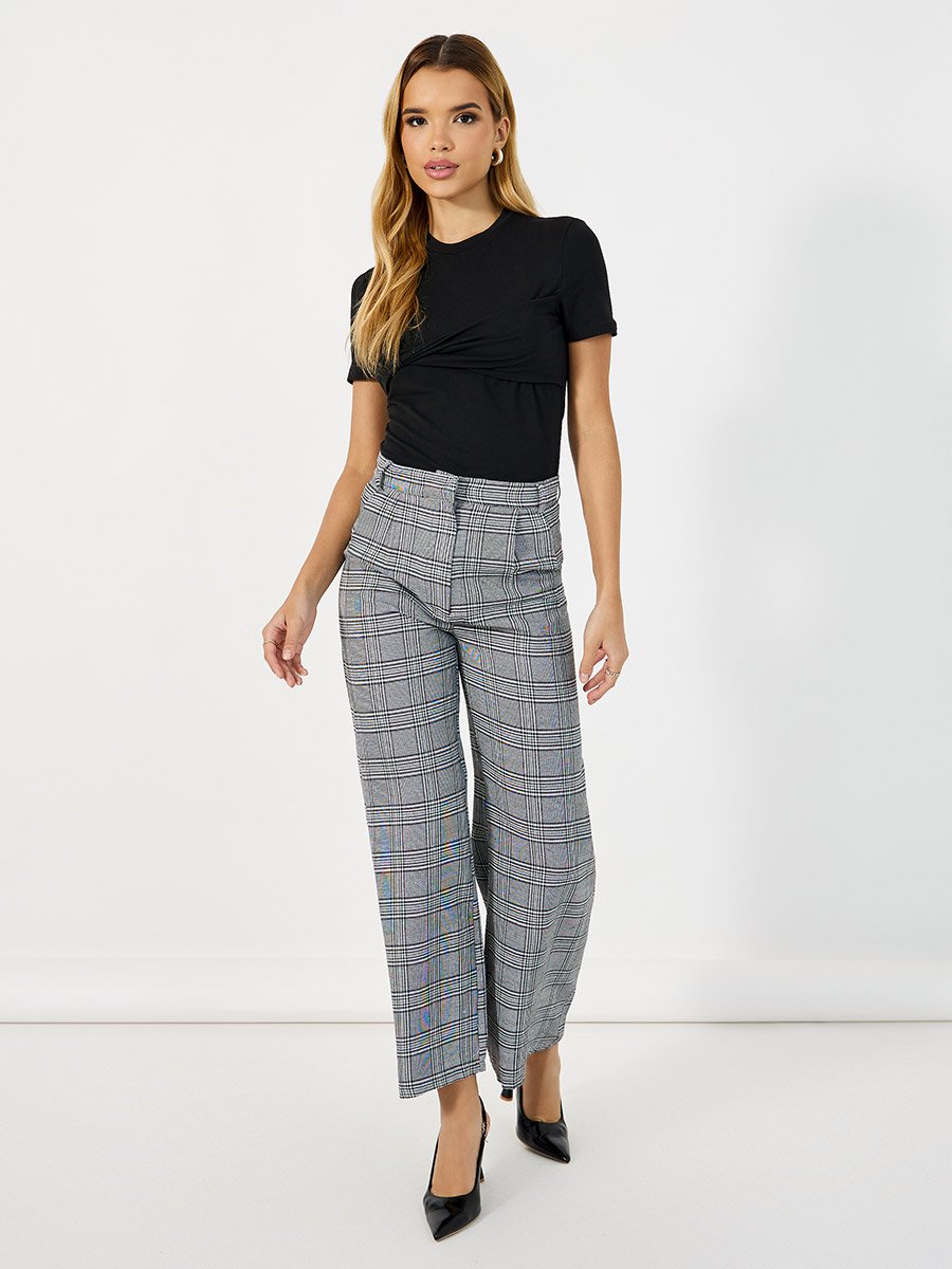 Checked High Rise Wide Leg Trousers