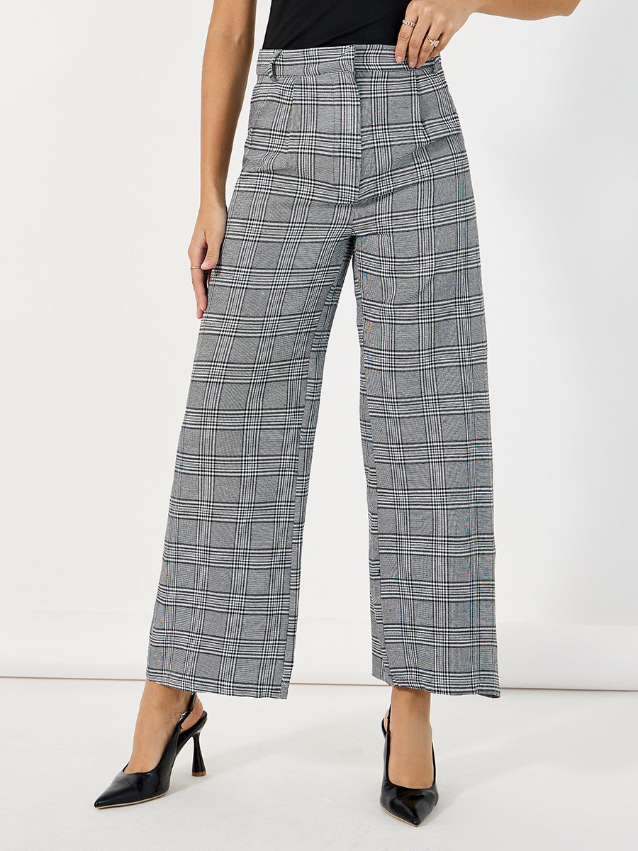 Checked High Rise Wide Leg Trousers