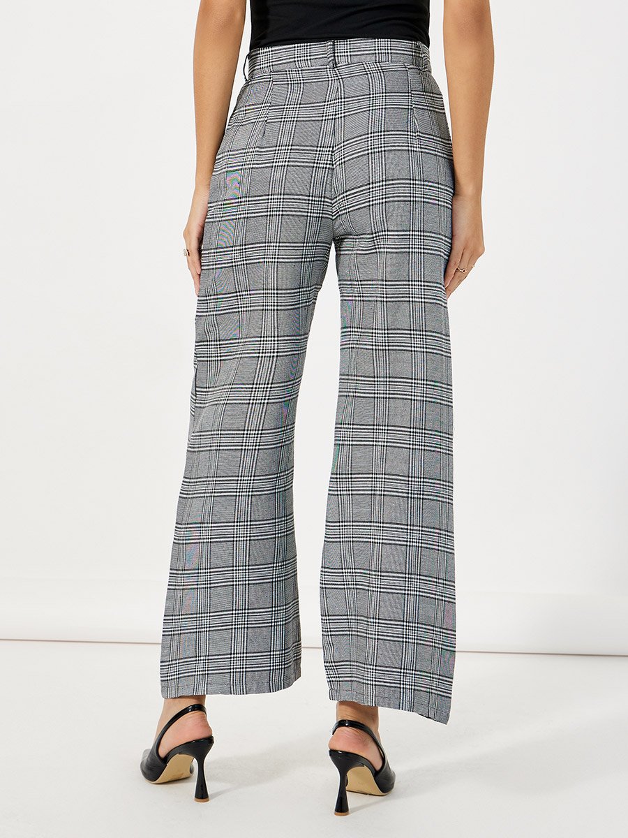 Checked High Rise Wide Leg Trousers