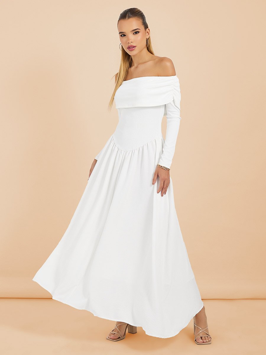 Off Shoulder Neck Ribbed Maxi Dress For Women at Saudi | Styli