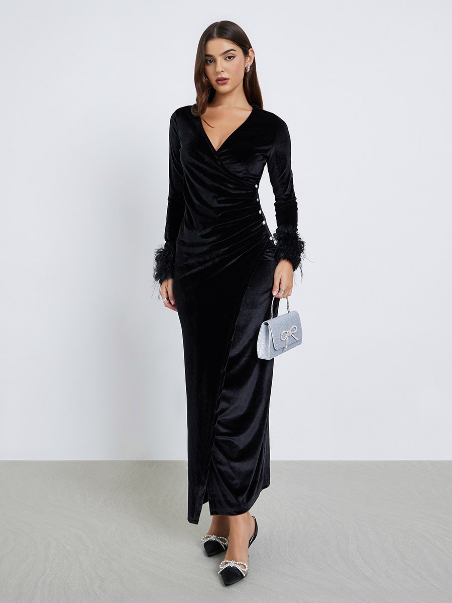 Black Velvet Maxi Wrap Dress with Faux Fur Detail For Women at Saudi | Styli