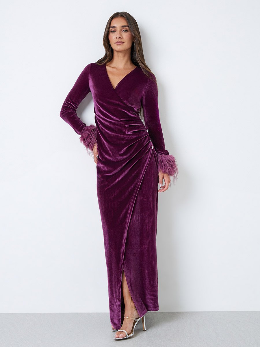 Purple Velvet-Look Maxi Wrap Dress with Faux Fur Detail