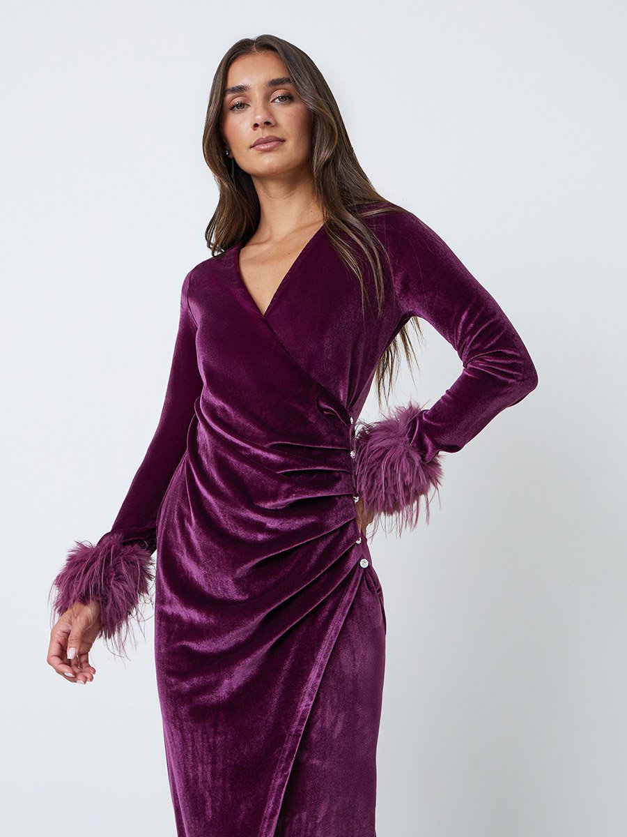 Purple Velvet-Look Maxi Wrap Dress with Faux Fur Detail