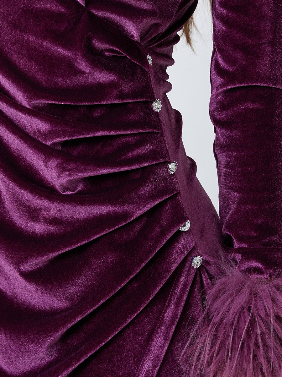 Purple Velvet-Look Maxi Wrap Dress with Faux Fur Detail
