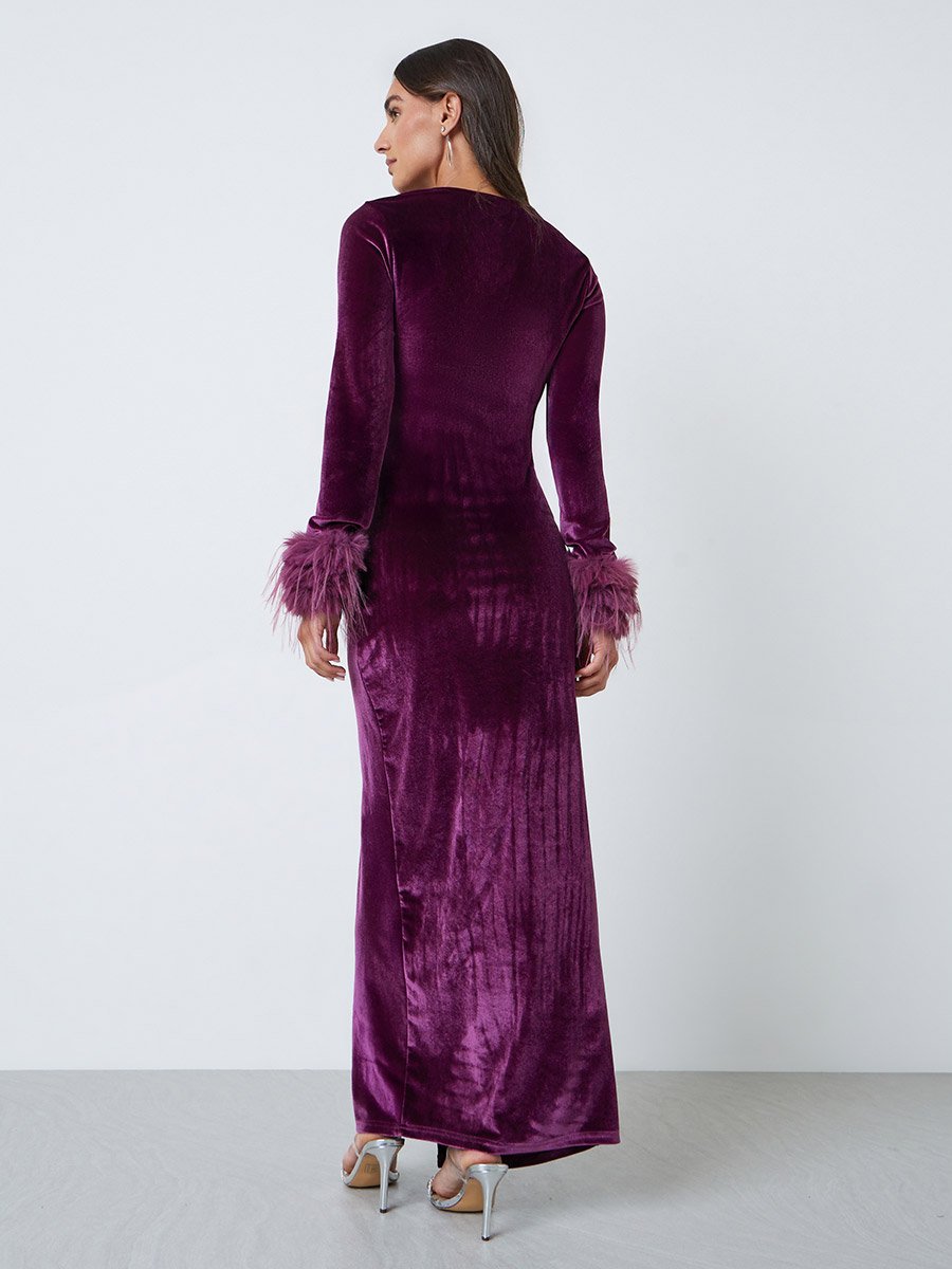 Purple Velvet-Look Maxi Wrap Dress with Faux Fur Detail