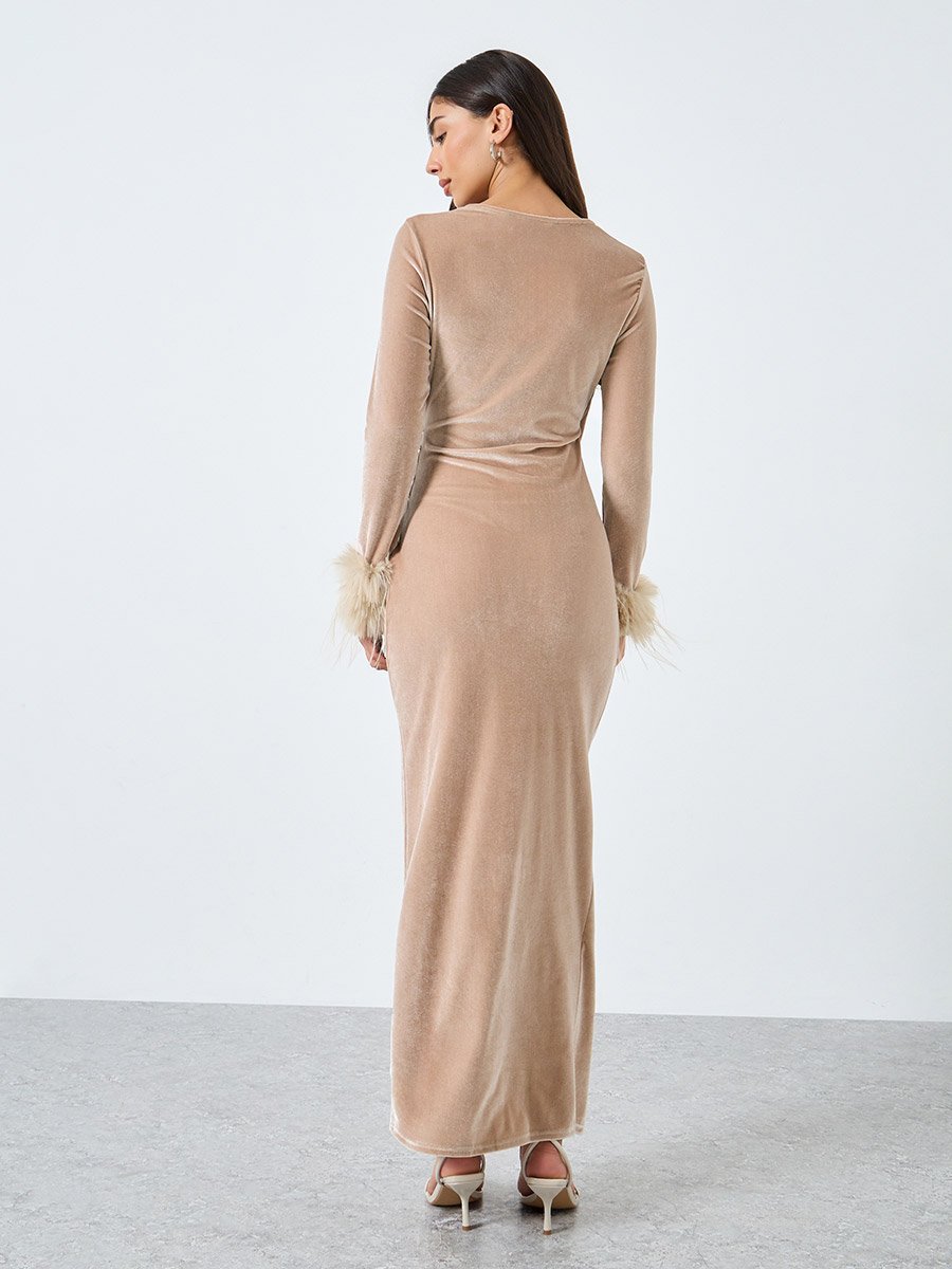 Beige Velvet Maxi Wrap Dress with Faux Fur Detail For Women at Saudi | Styli Beige Velvet Maxi Wrap Dress with Faux Fur Detail For Women at Saudi | Styli