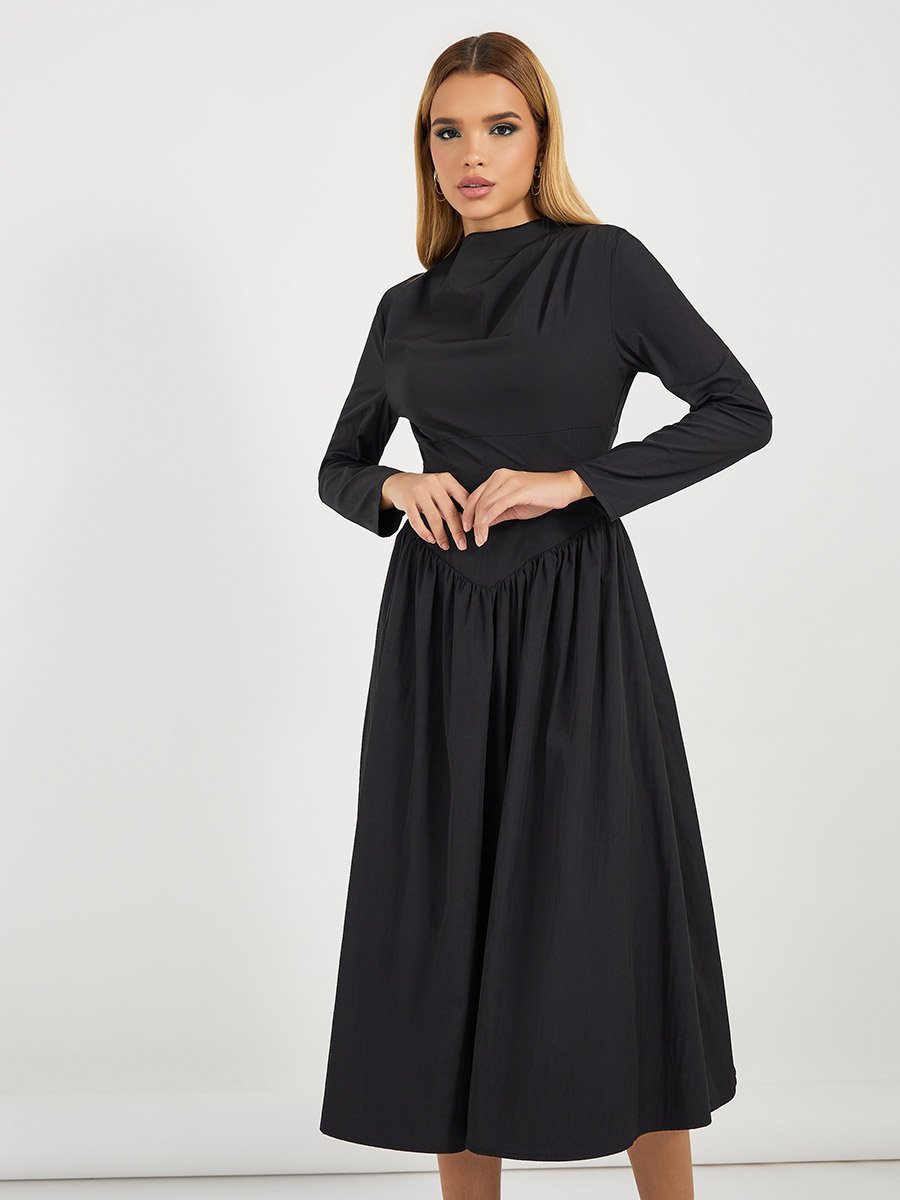 Pleated Drop Waist Detail A-Line Midi Dress