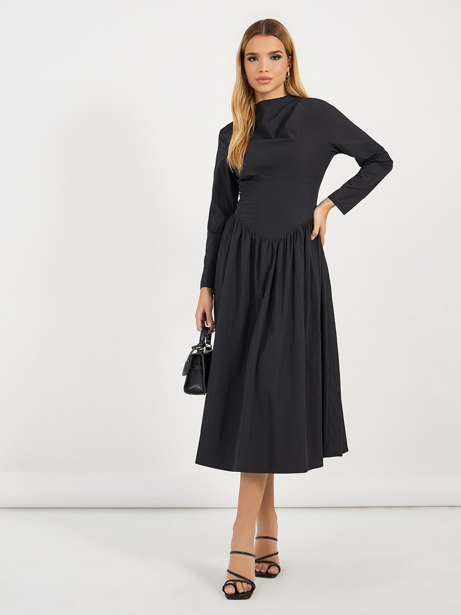 Pleated Drop Waist Detail A-Line Midi Dress