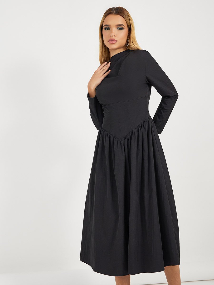 Pleated Drop Waist Detail A-Line Midi Dress