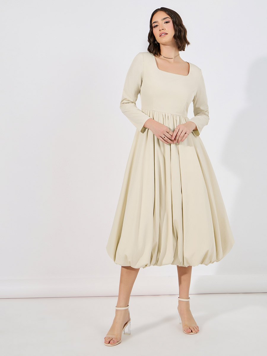 Long Sleeves Bubble Hem Detail Midi Dress