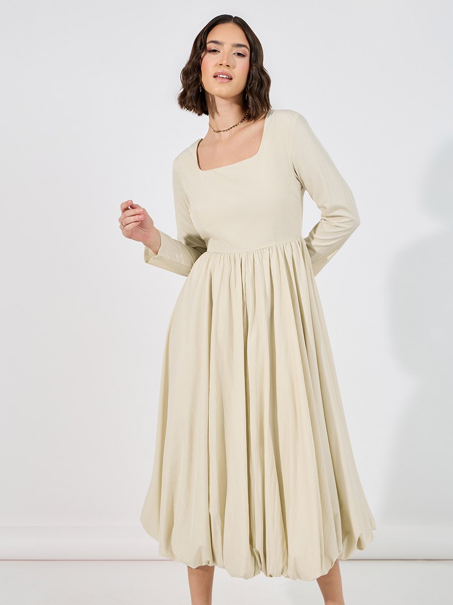Long Sleeves Bubble Hem Detail Midi Dress