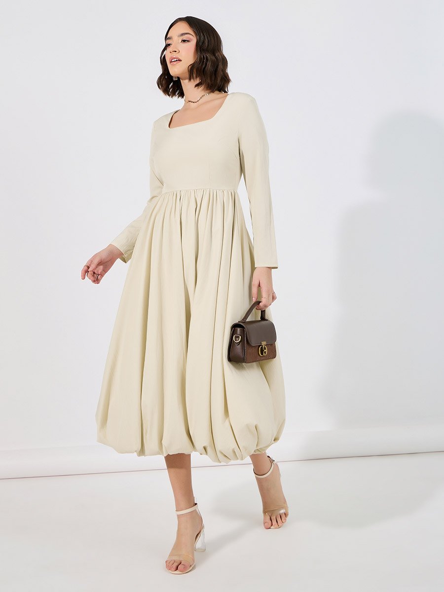 Long Sleeves Bubble Hem Detail Midi Dress