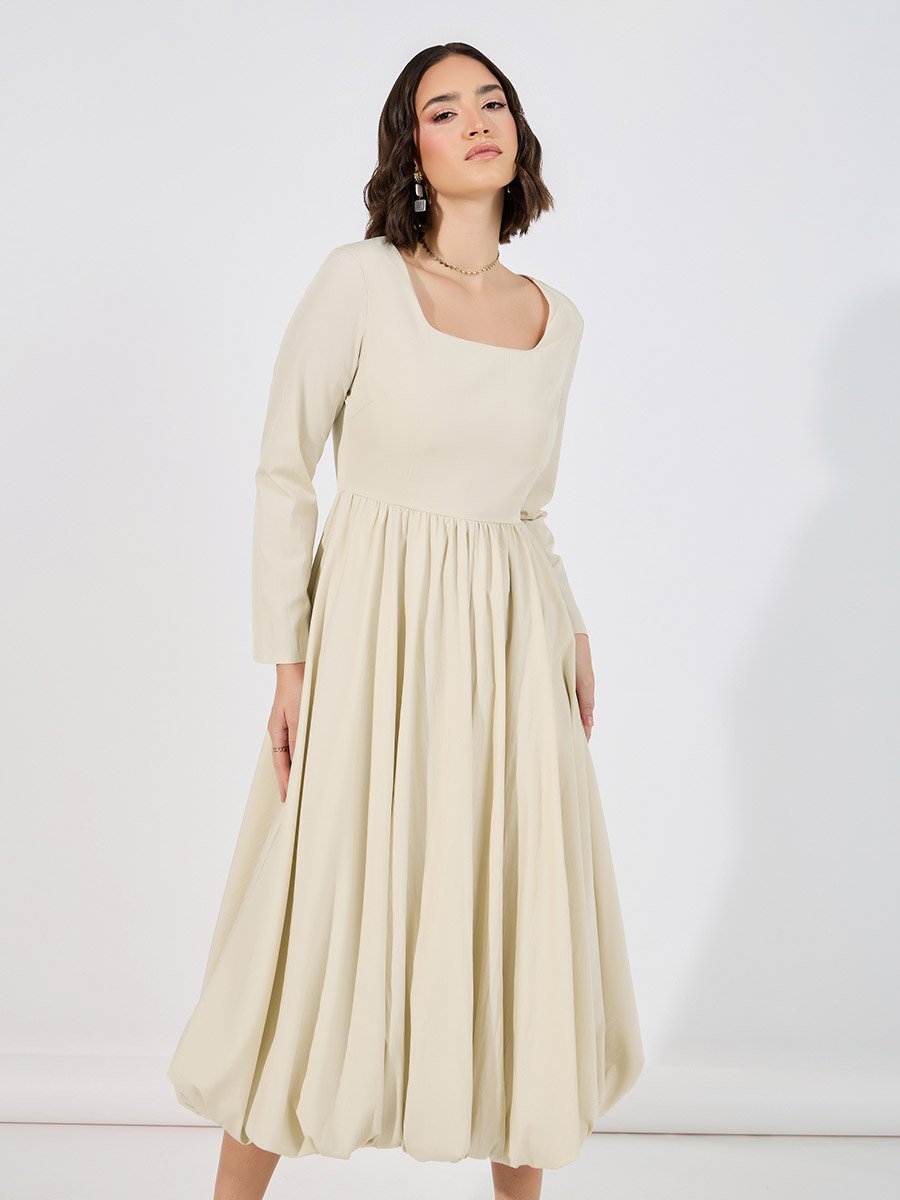 Long Sleeves Bubble Hem Detail Midi Dress