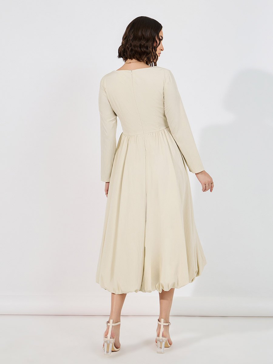 Long Sleeves Bubble Hem Detail Midi Dress