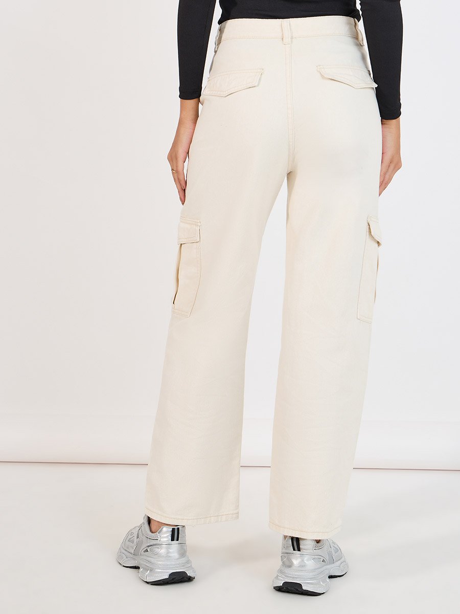 Solid Straight Leg Cargo Jeans