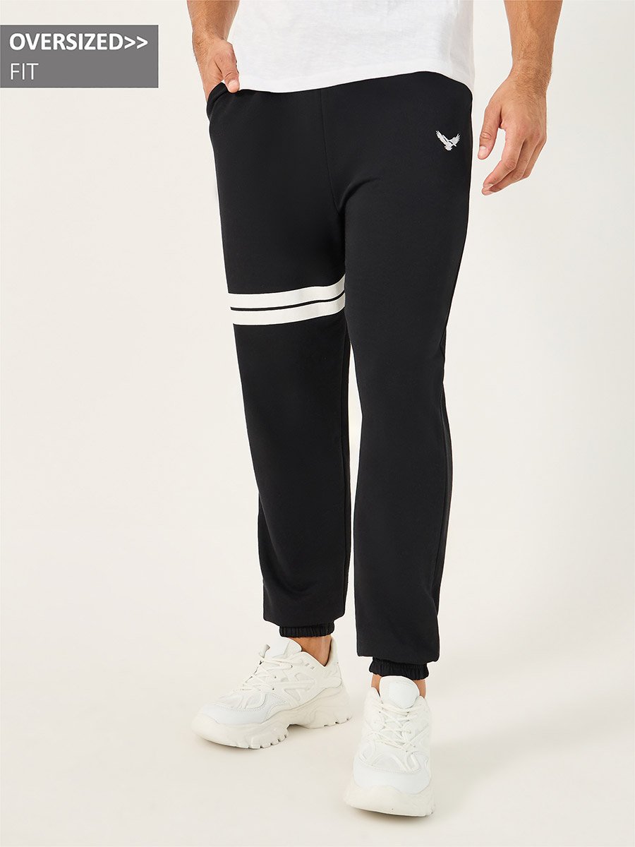 Contrast Double Stripes Oversized Joggers with Embroidery Detail
