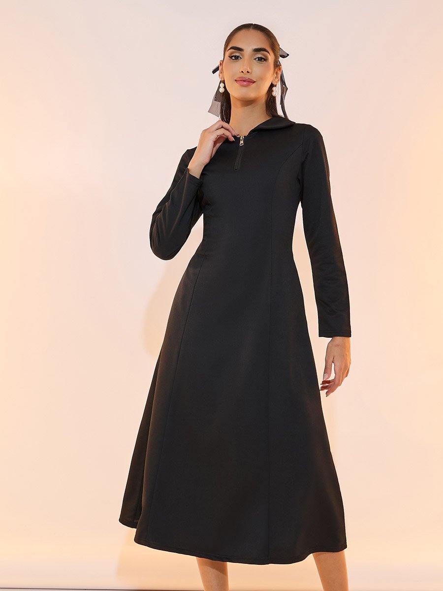 Half Zip Placket Collared A-Line Midi Dress For Women at UAE | Styli